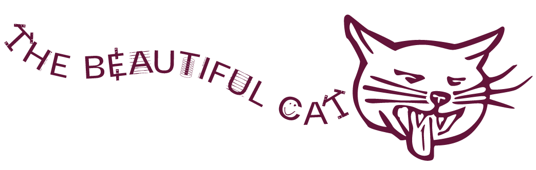 the beautiful cat logo, featuring a cat's head yowling and sticking out its tongue while the words the beautiful cat flow behind the head, suggesting the cat's body